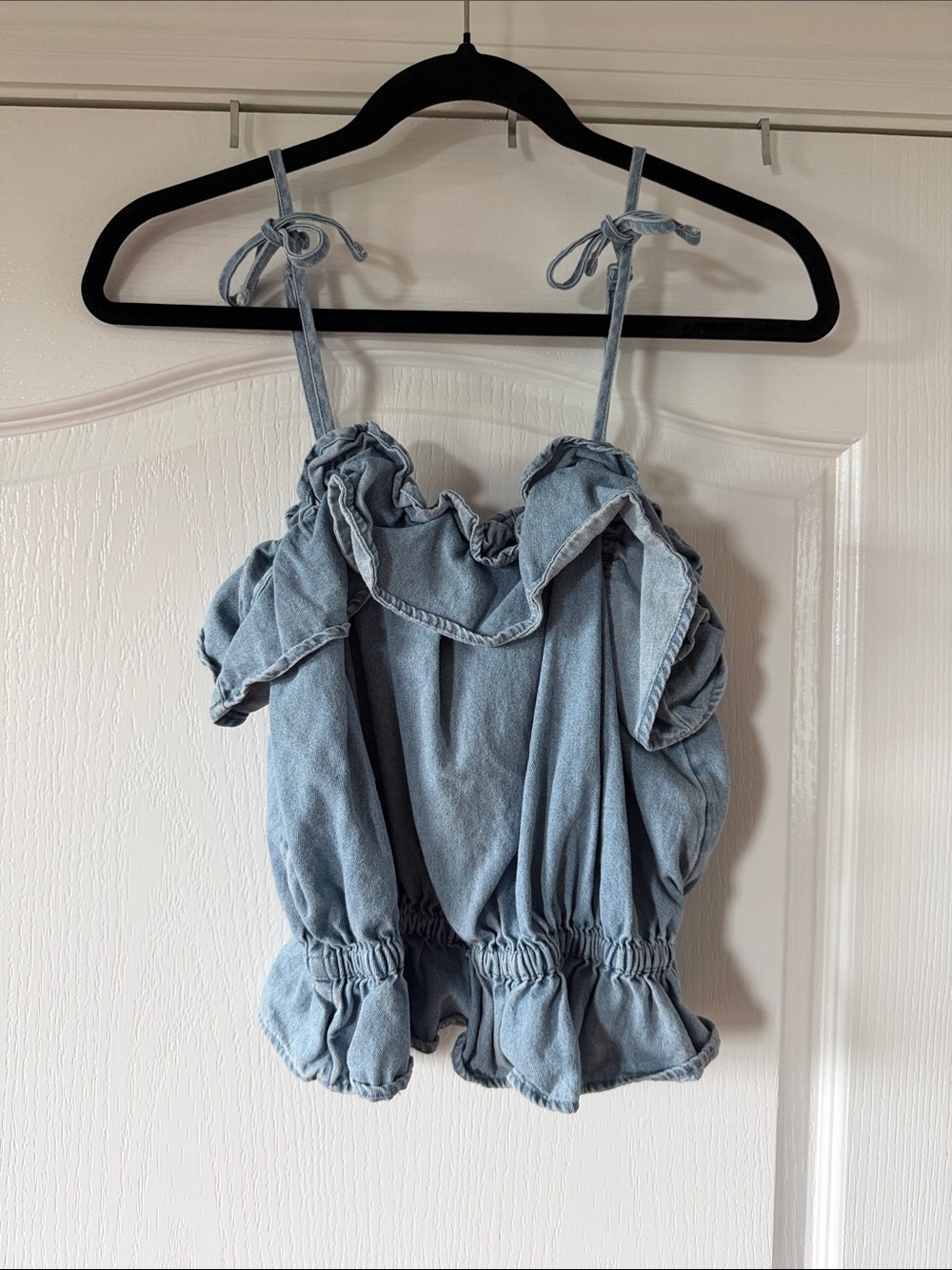 American Eagle Outfitters Light Blue Ruffled Denim Tank Top